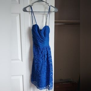 DAVID'S BRIDAL Womens Lace Spaghetti Strap Ruched Dress Blue Bridesmaid, Size 4